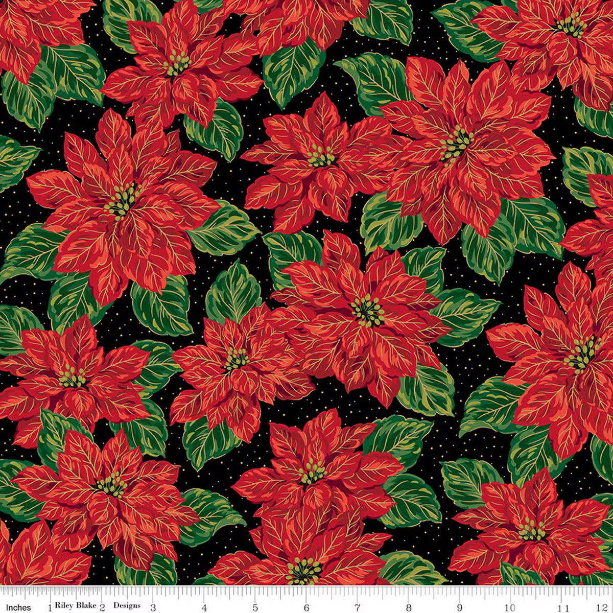 Pattern of red poinsettias with green leaves on a black background