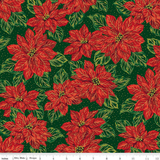Red poinsettia flowers on a green background with a fabric swatch at the bottom.