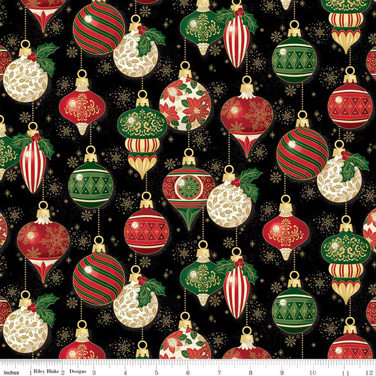 Pattern of Christmas ornaments on a black background with a ruler at the bottom.