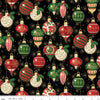 Pattern of Christmas ornaments on a black background with a ruler at the bottom.
