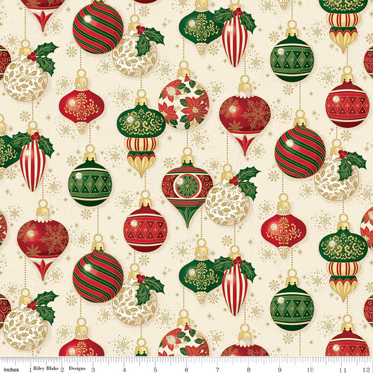 Pattern of Christmas ornaments on a fabric swatch with a ruler at the bottom.