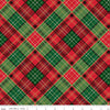 Diagonal plaid pattern in red, green, and black on a fabric swatch.