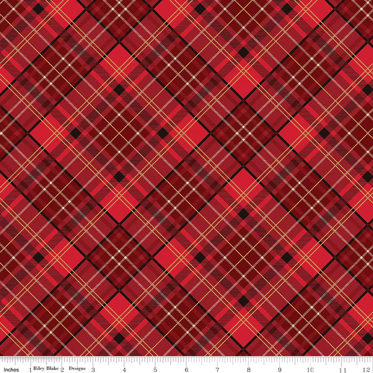 Red plaid fabric pattern with a ruler at the bottom for scale.