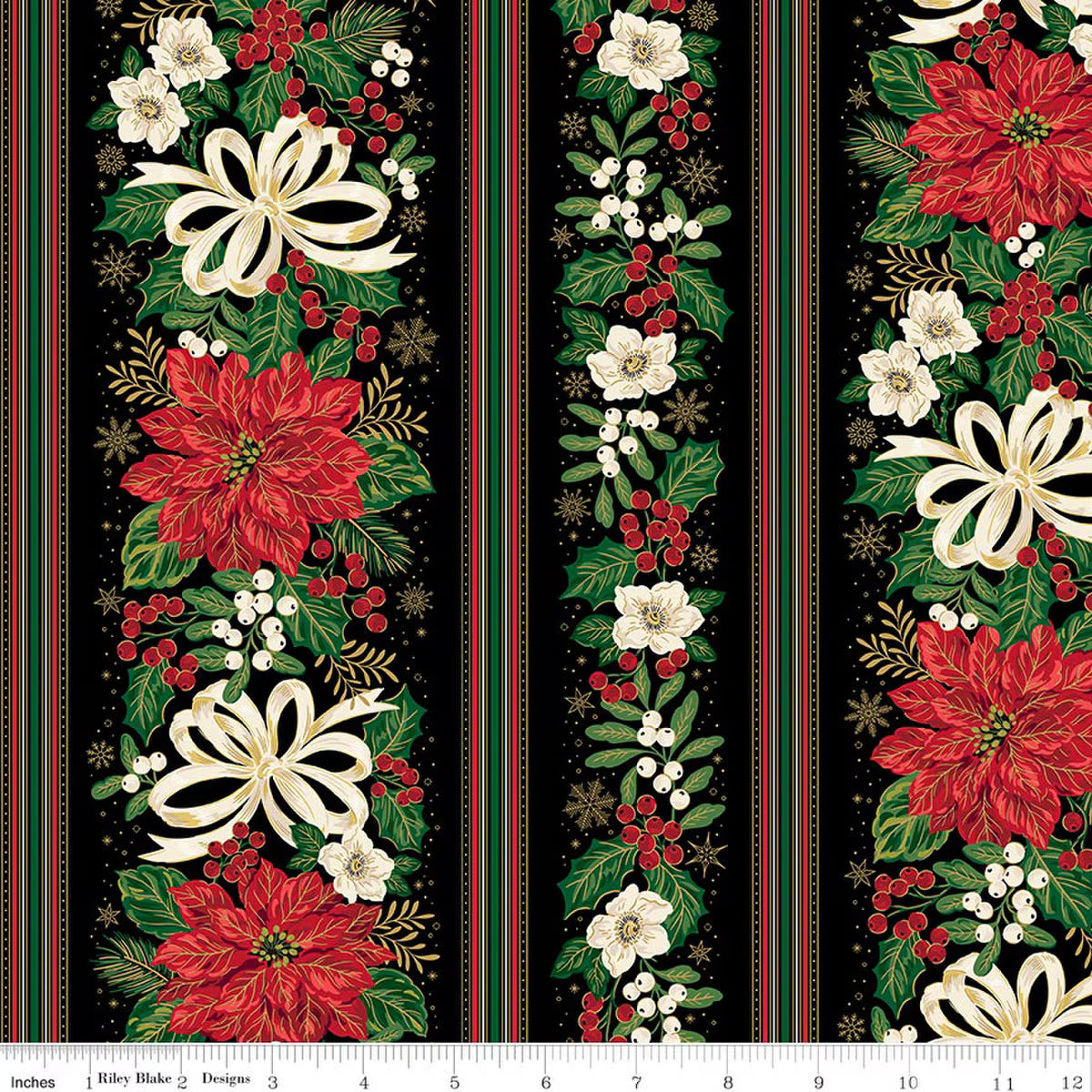 Poinsettias at Christmas - Border Stripe - Black Floil