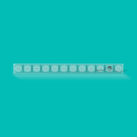 A clear plastic ruler with black measurement markings and a small black-and-white logo near the right end, shown horizontally on a solid turquoise background.
