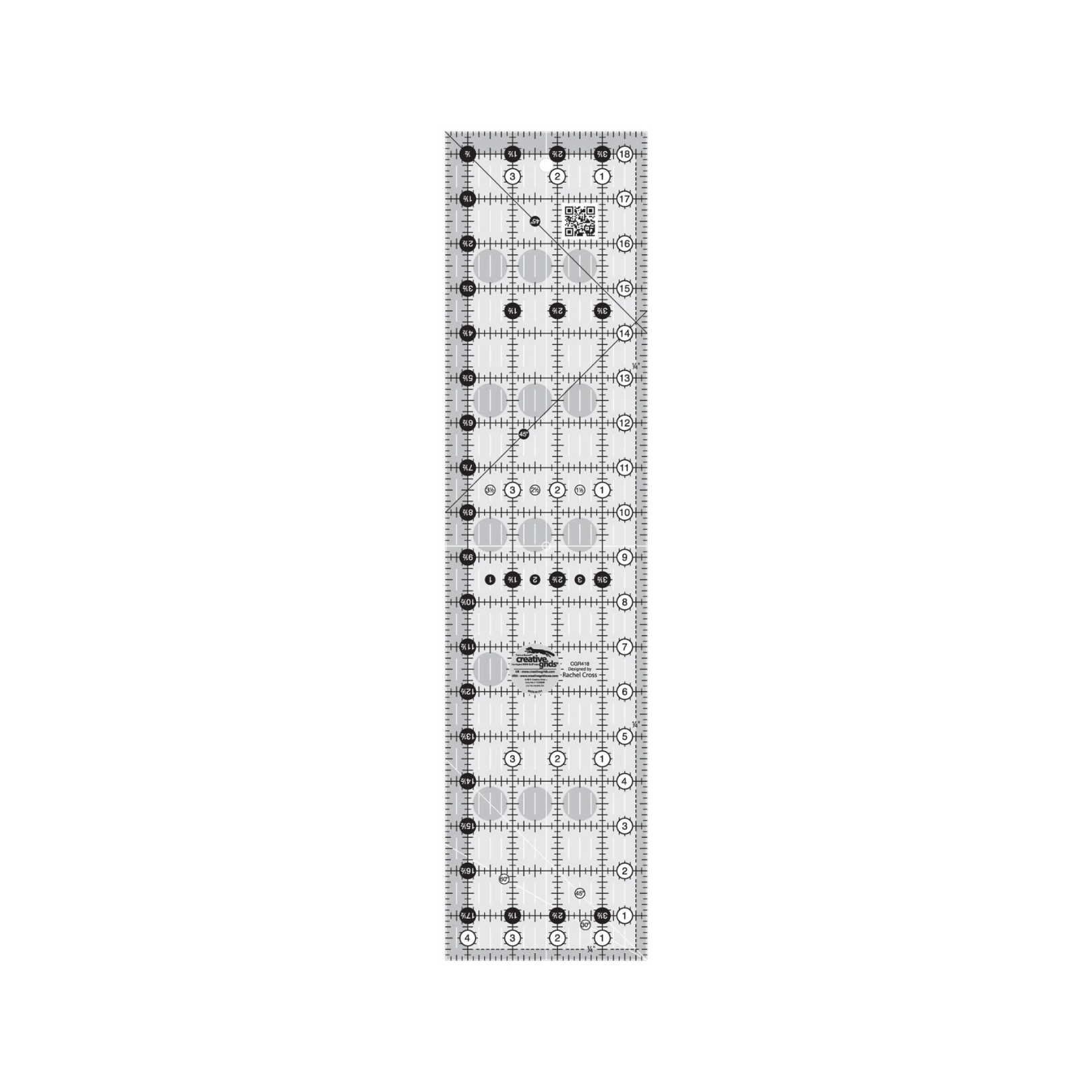 A clear acrylic quilting ruler with black grid lines, measurement markings, and circular cut points, shown vertically on a plain white background.