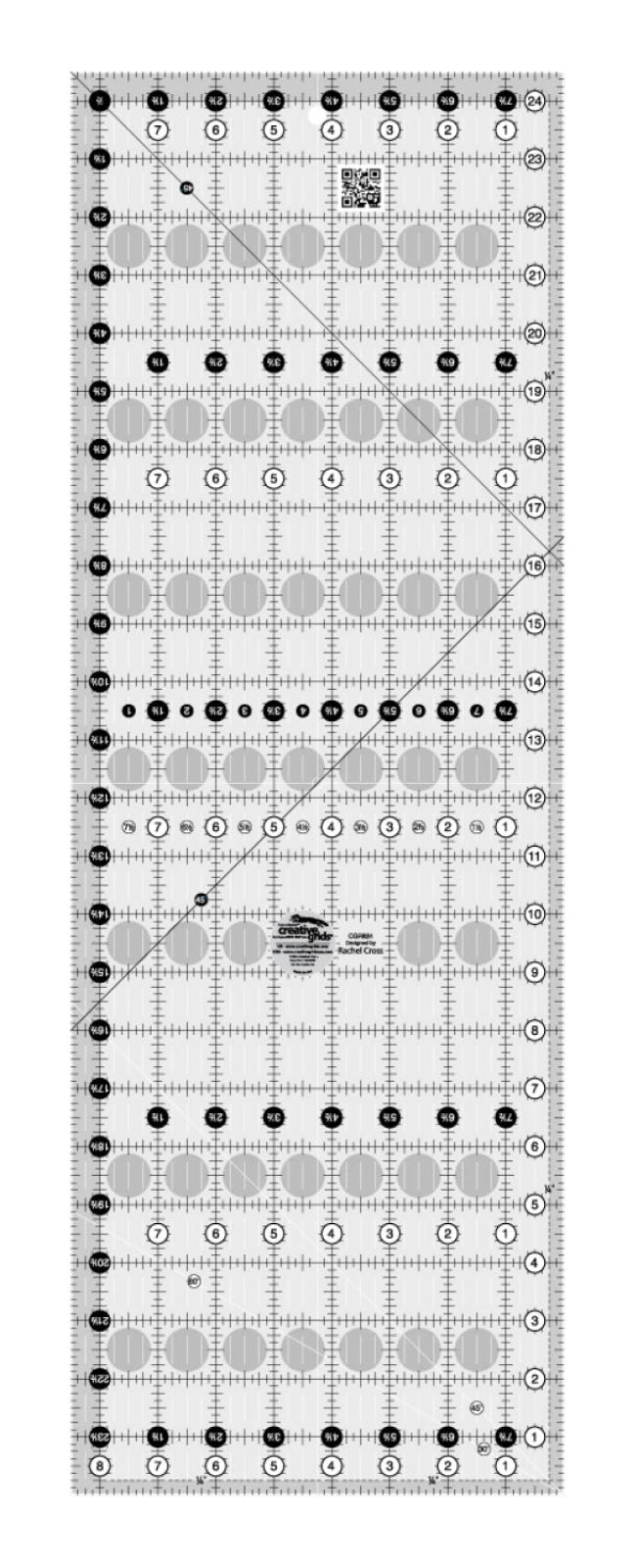 Quilting ruler with grid lines and measurements on a white background