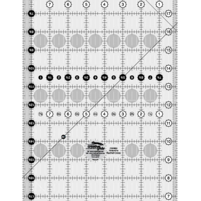 Quilting ruler with grid lines and measurements on a white background