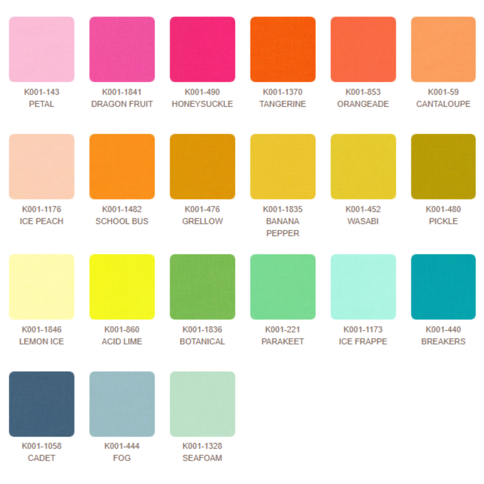 Color swatch chart with various color names and codes.