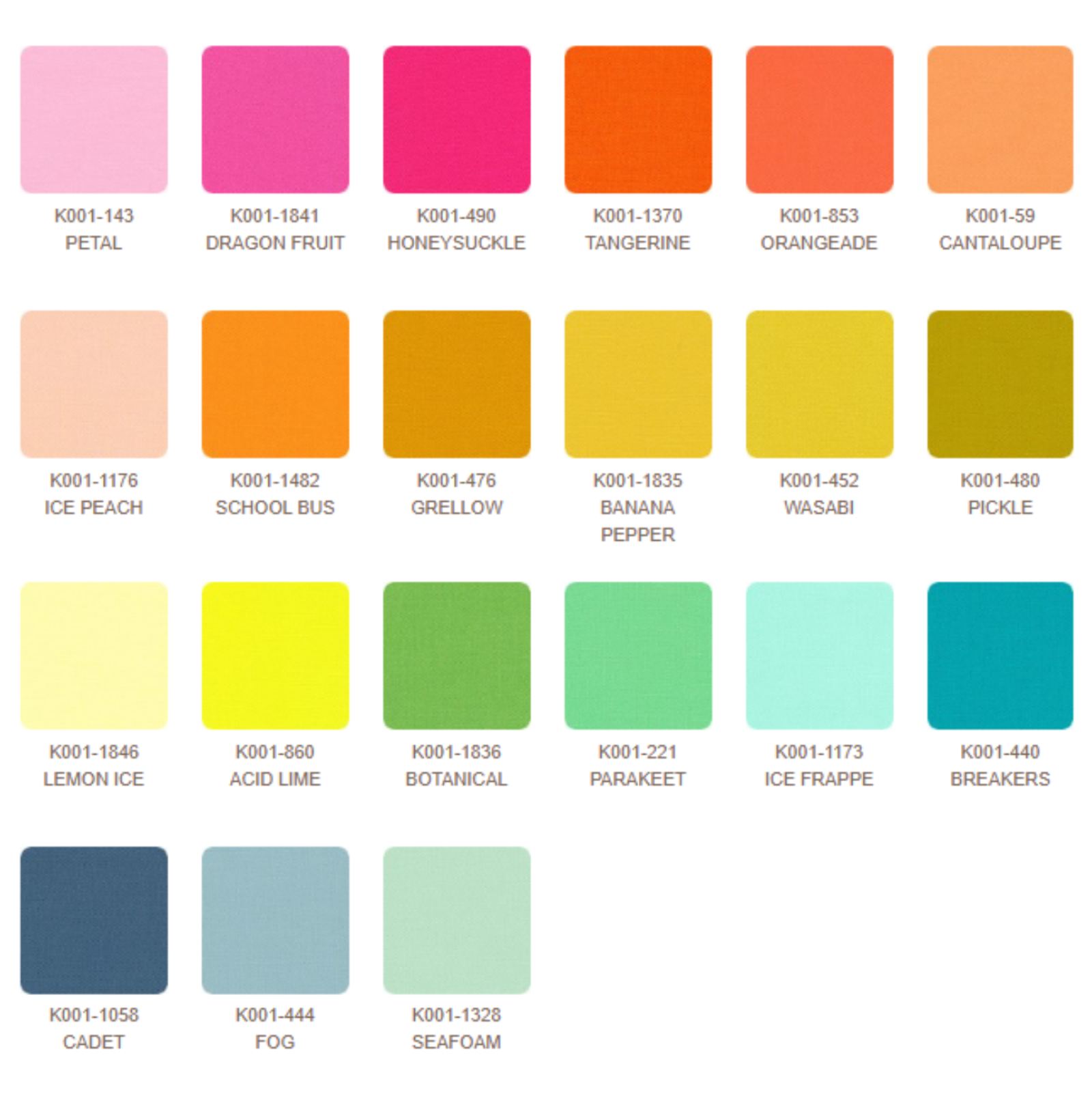 Color swatch chart with various color names and codes.