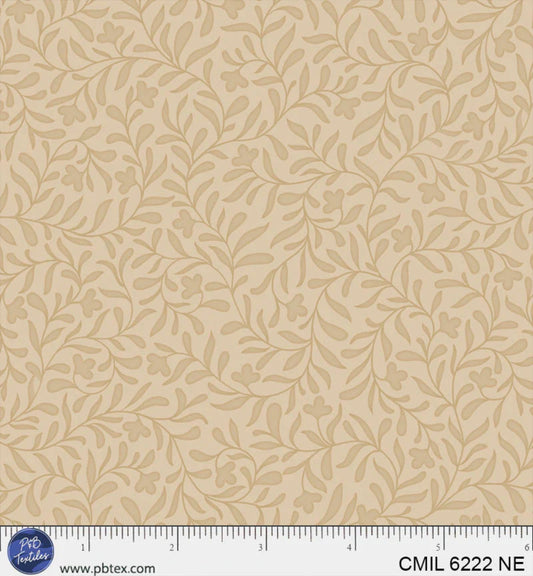 Beige fabric with leaf pattern and ruler at the bottom for scale