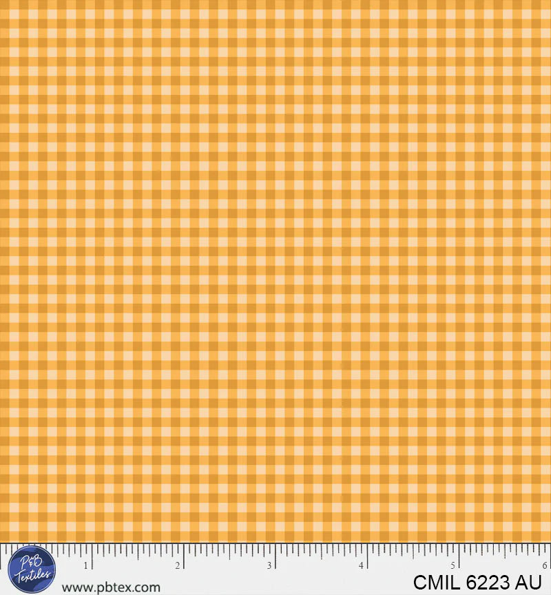 Yellow checkered fabric pattern with a ruler at the bottom for scale.