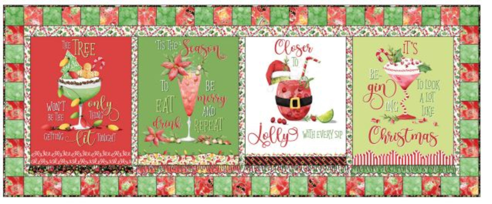 A festive Christmas-themed fabric panel or quilt pattern featuring four illustrated panels with holiday quotes and drink illustrations, surrounded by a patterned border of red, green, and white checkered squares.