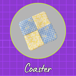 Fabric coaster made from four squares of yellow floral and blue plaid fabrics arranged in a 2×2 grid.