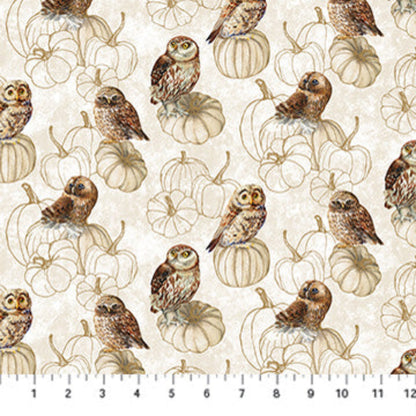 Fabric with owls and pumpkins pattern on a beige background