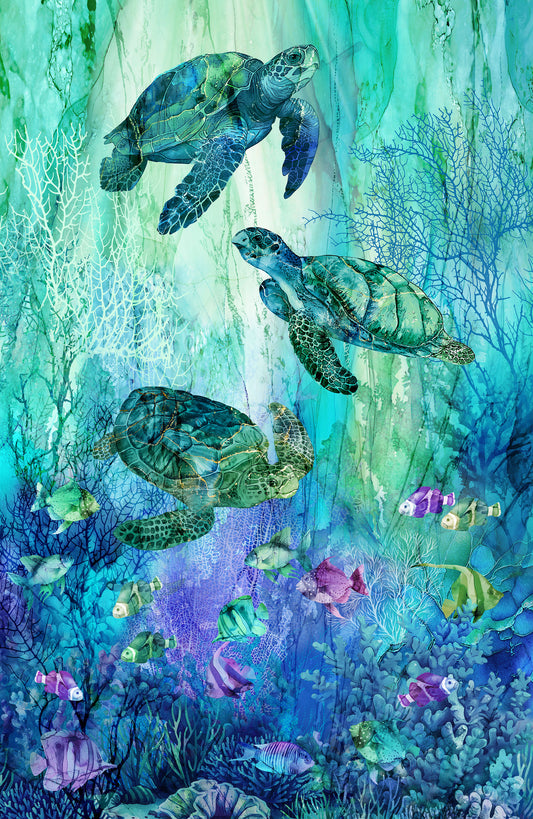 Colorful underwater scene with sea turtles and fish swimming among coral and plants.