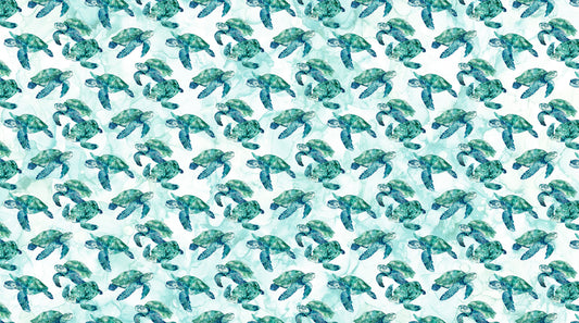 Pattern of green turtles on a light blue background