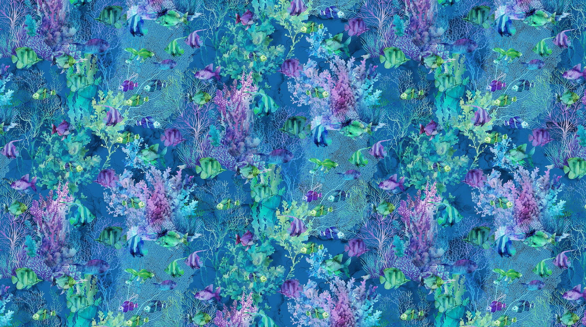 Underwater scene with fish and coral in blue and purple tones
