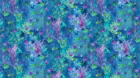 Underwater scene with fish and coral in blue and purple tones