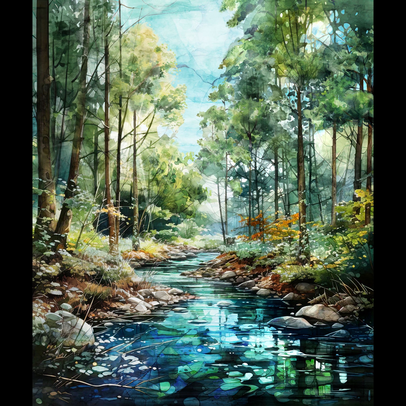 A colorful landscape panel of a forest stream with tall trees, rocks, and reflective blue-green water under a bright sky.