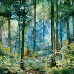 Running yardage of a dense forest with tall trees, lush green foliage, and a reflective blue stream in the foreground.