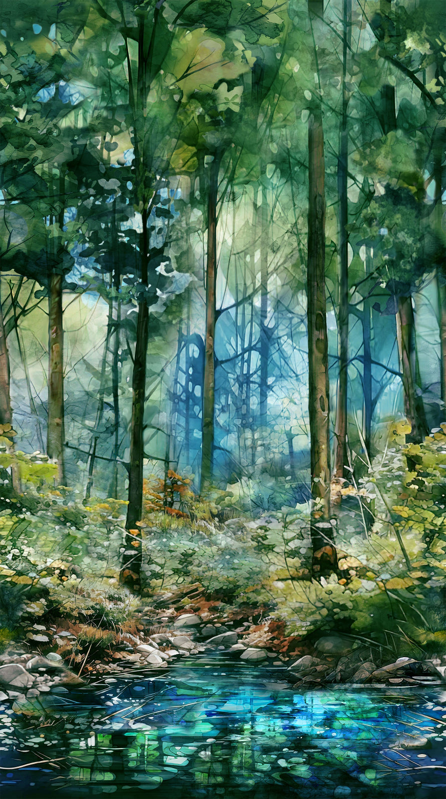 Running yardage of a dense forest with tall trees, lush green foliage, and a reflective blue stream in the foreground.