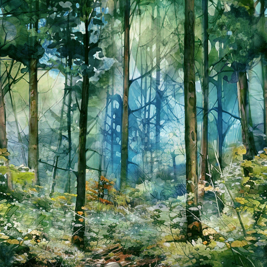 Running yardage of a dense forest with tall trees, lush green foliage, and a reflective blue stream in the foreground.