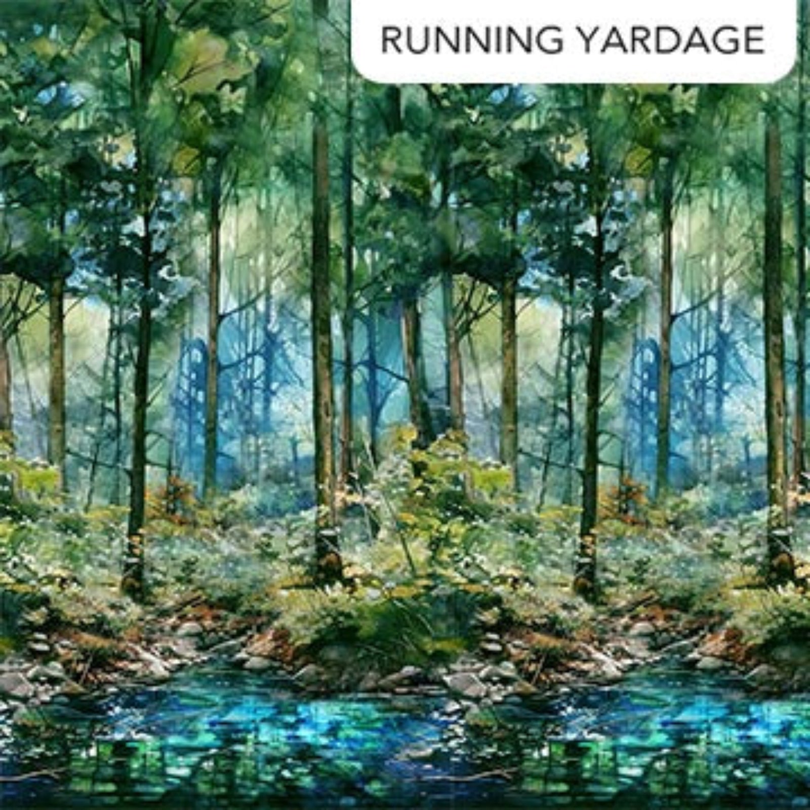 A forest landscape with tall trees, green foliage, blue water, and a white label at the top reading “RUNNING YARDAGE.”.