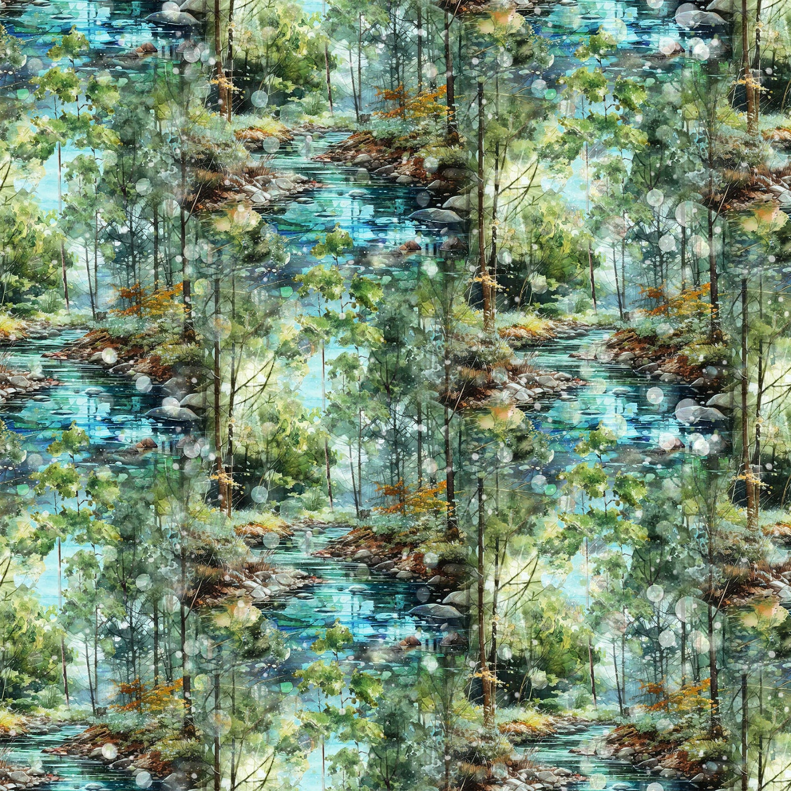 A repeating forest pattern featuring tall trees with blue water reflections, green foliage, and brown earth tones, filling the entire frame.