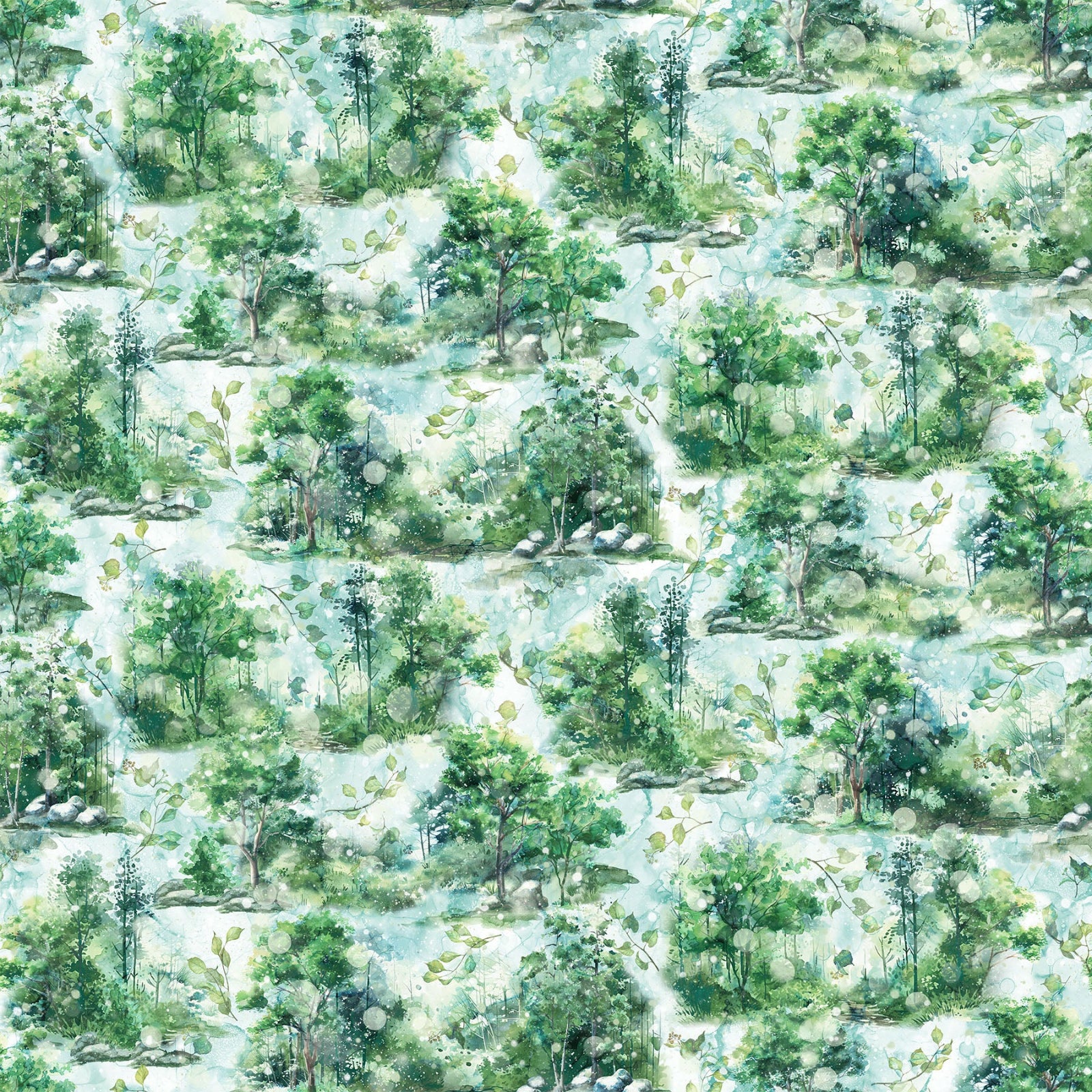 A repeating watercolor-style pattern of green trees and foliage on a pale blue and white background, filling the entire frame.