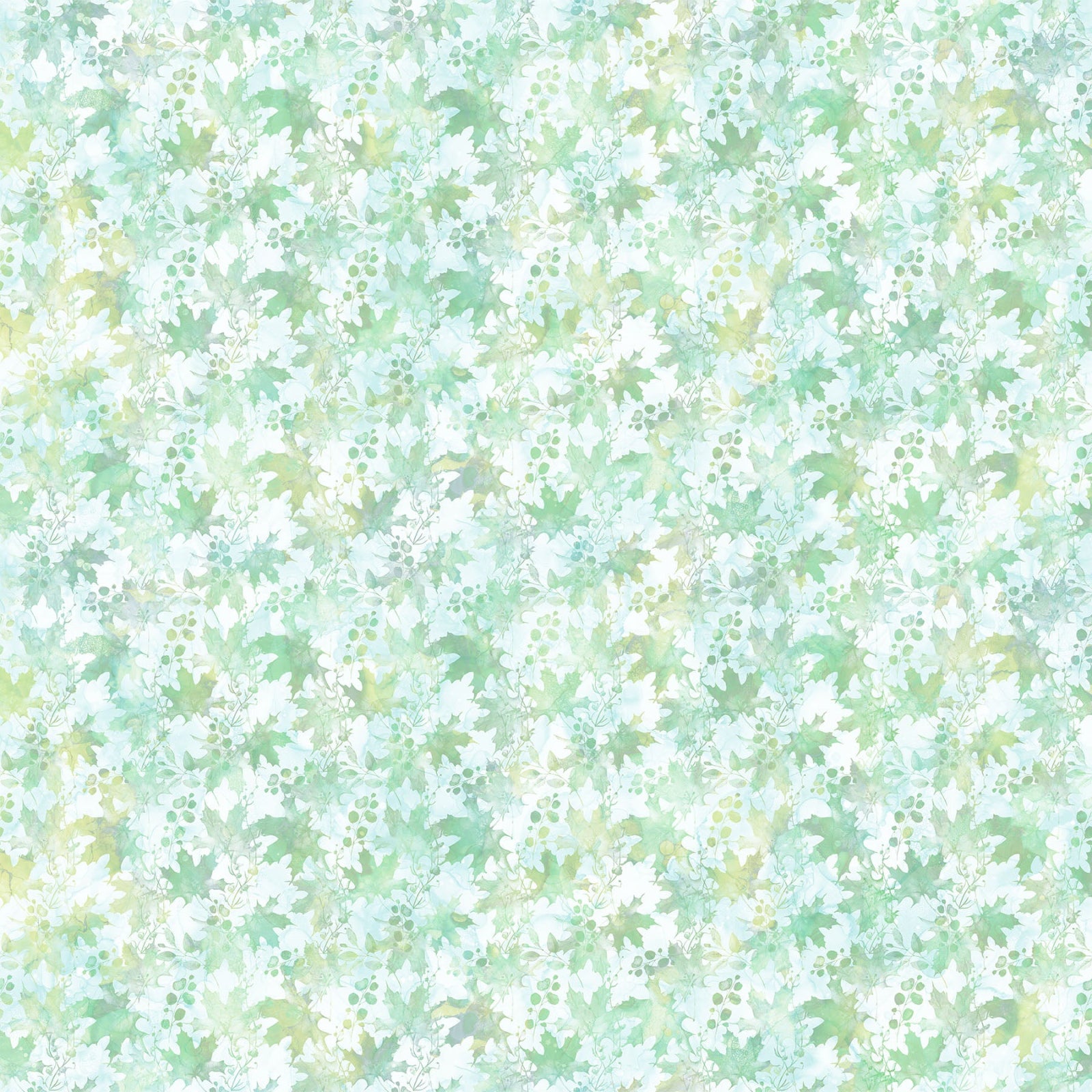 A repeating floral pattern in soft mint green, pale blue, and white, filling the entire frame.