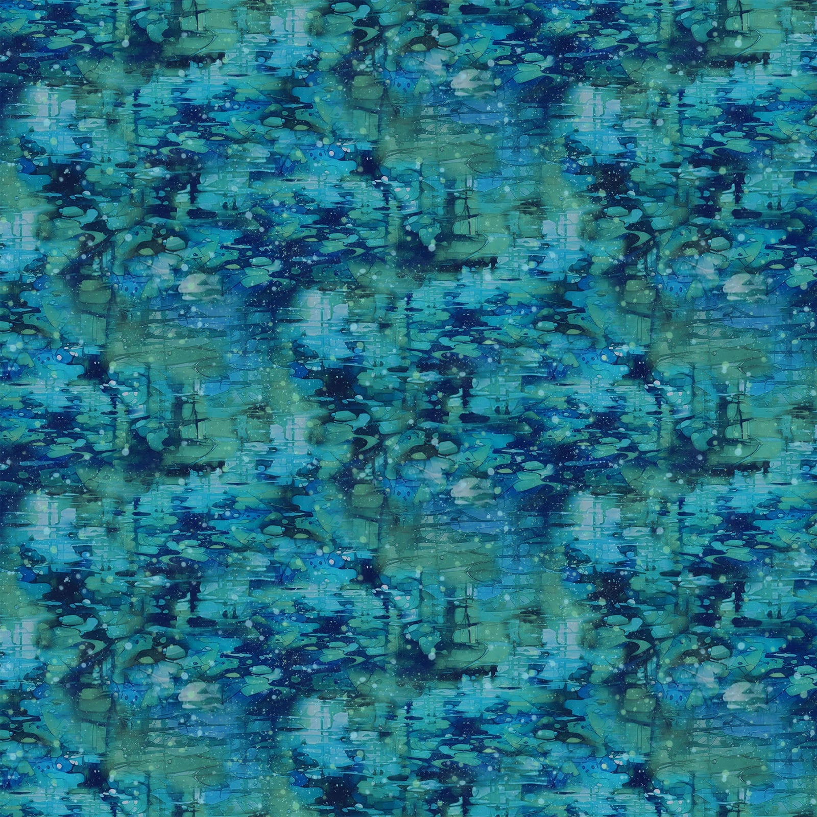 A close-up of a blue and teal abstract patterned fabric with a mottled, painterly design.