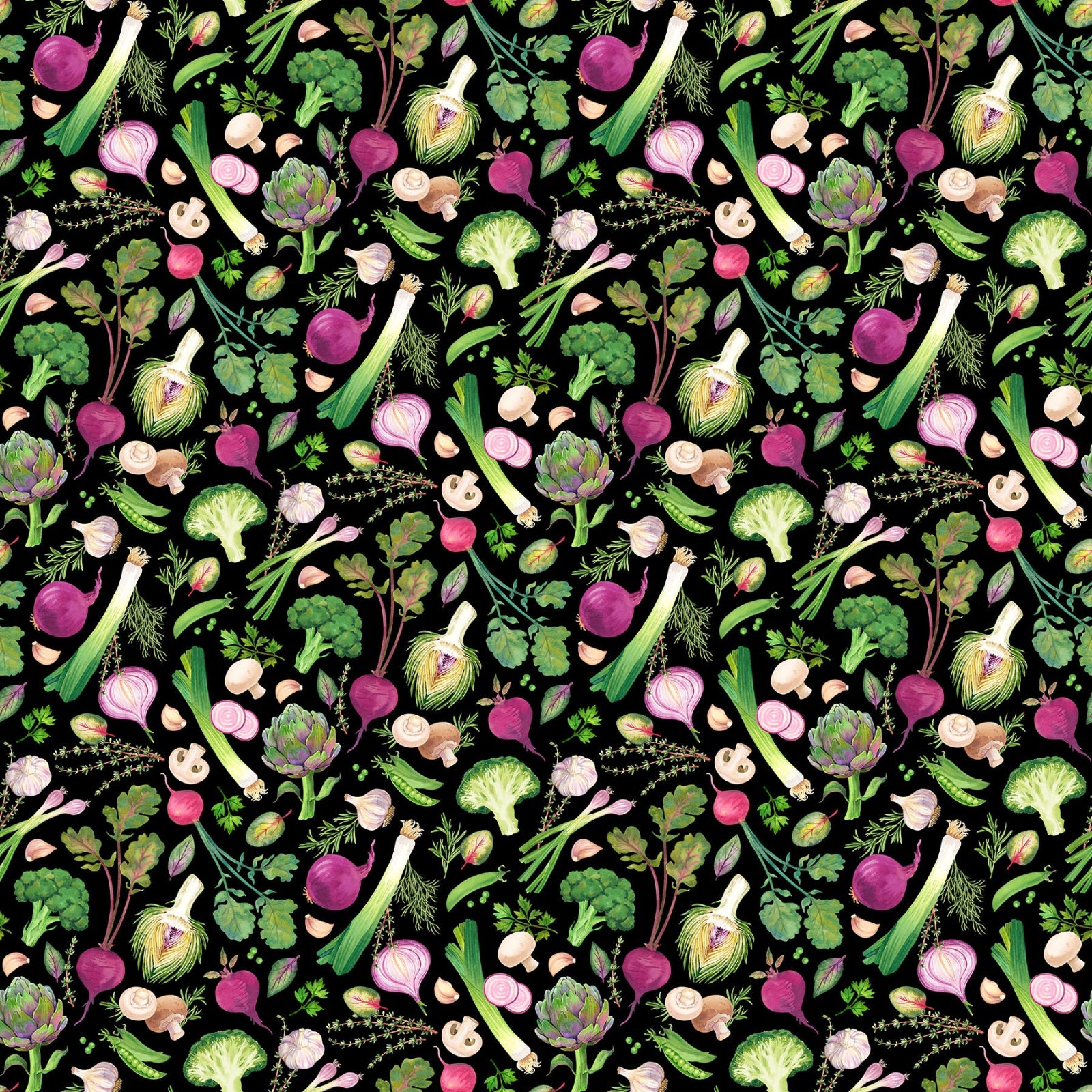 Pattern of various vegetables on a black background