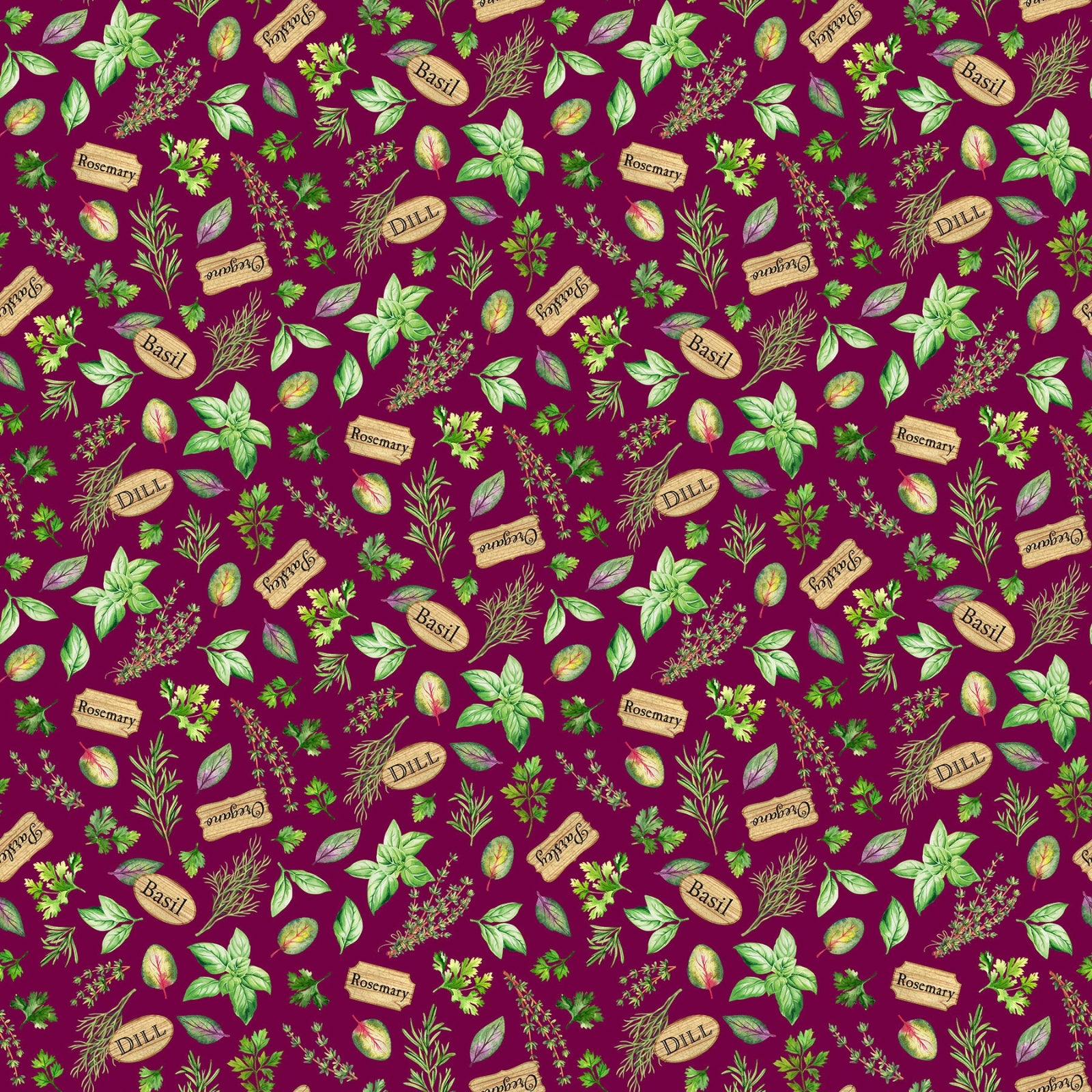 Herb pattern with green leaves and brown labels on a purple background