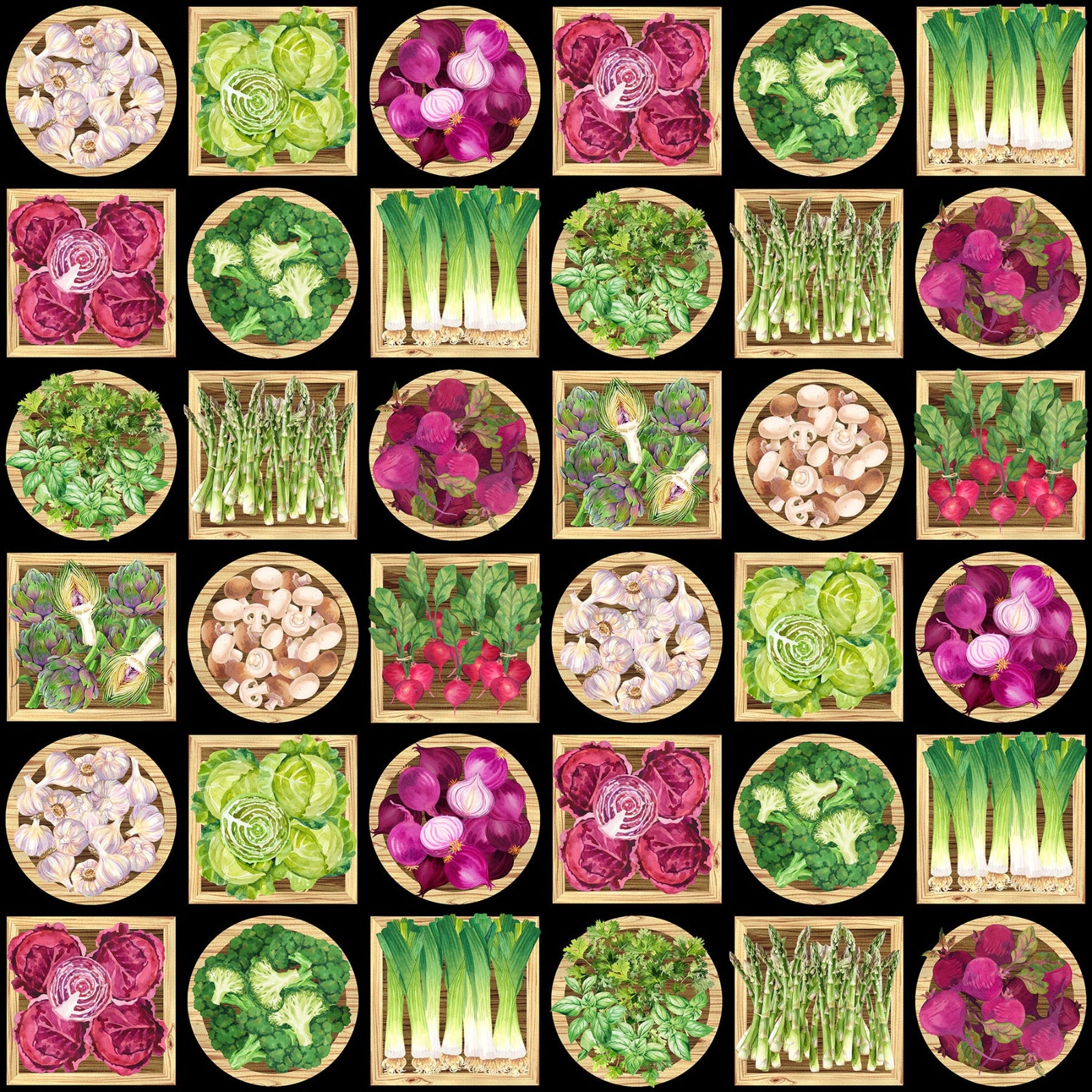 Pattern of various vegetables arranged in circular wooden bowls on a black background