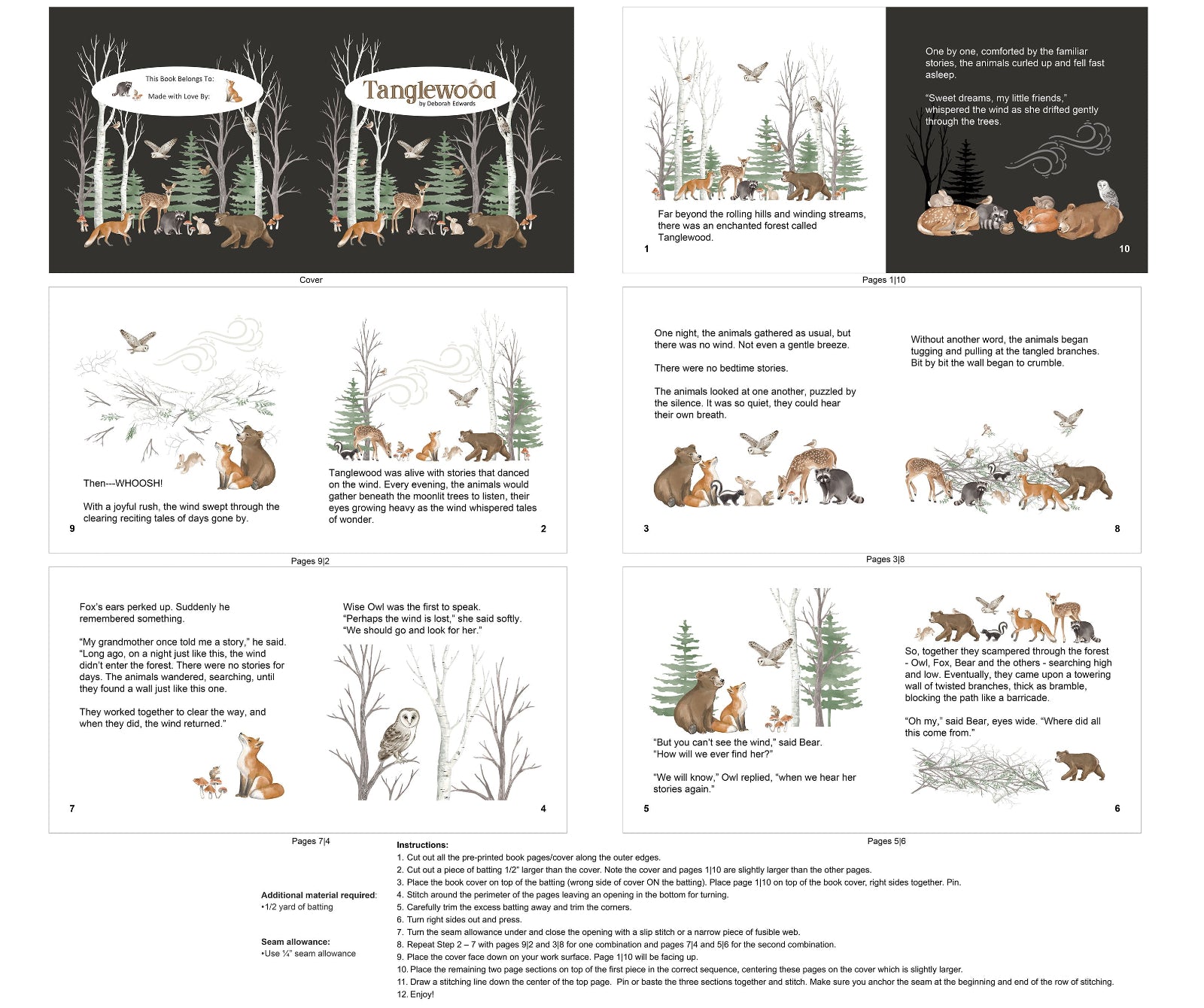 A collage of illustrated book pages showing woodland animals, trees, and text, likely a children's storybook or educational print set. The pages feature dark forest scenes with deer, foxes, birds, owls, and text blocks on a white background.