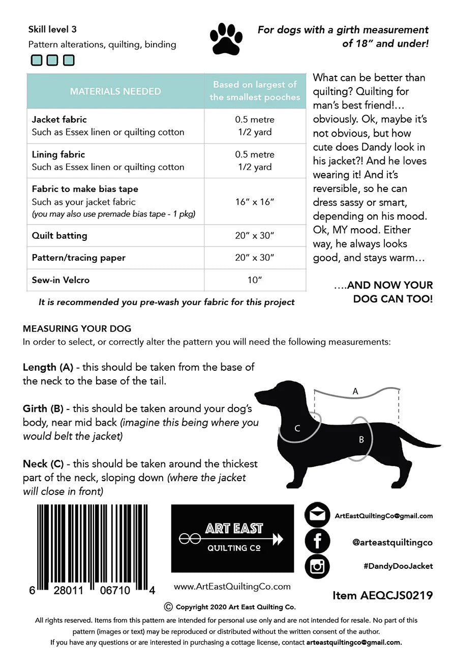 Dandy Doo Dog Jacket Pattern for Small Dogs