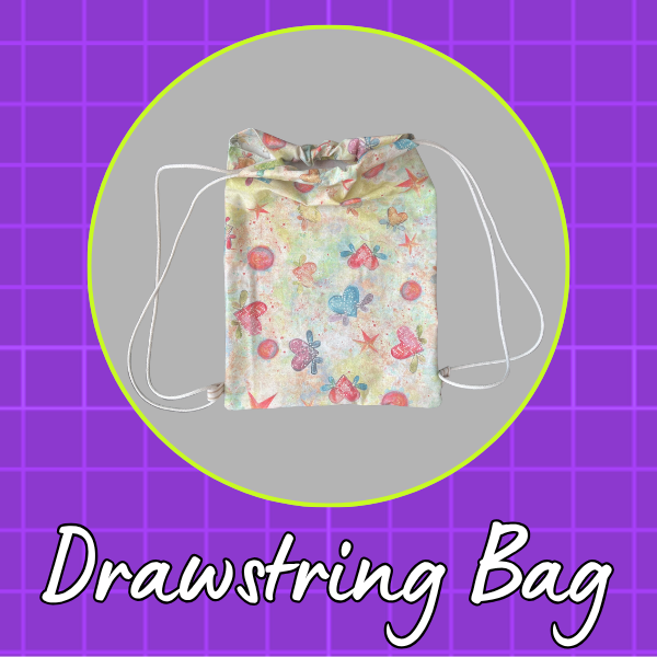 Colorful drawstring bag featuring butterflies, flowers, and circular motifs, finished with white drawstrings.