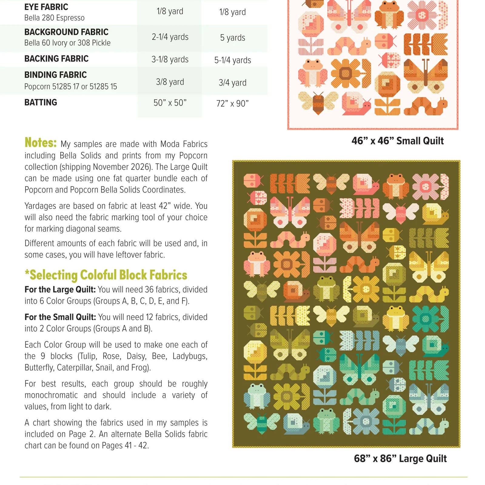 Quilt pattern with color block fabrics and material requirements on a white background