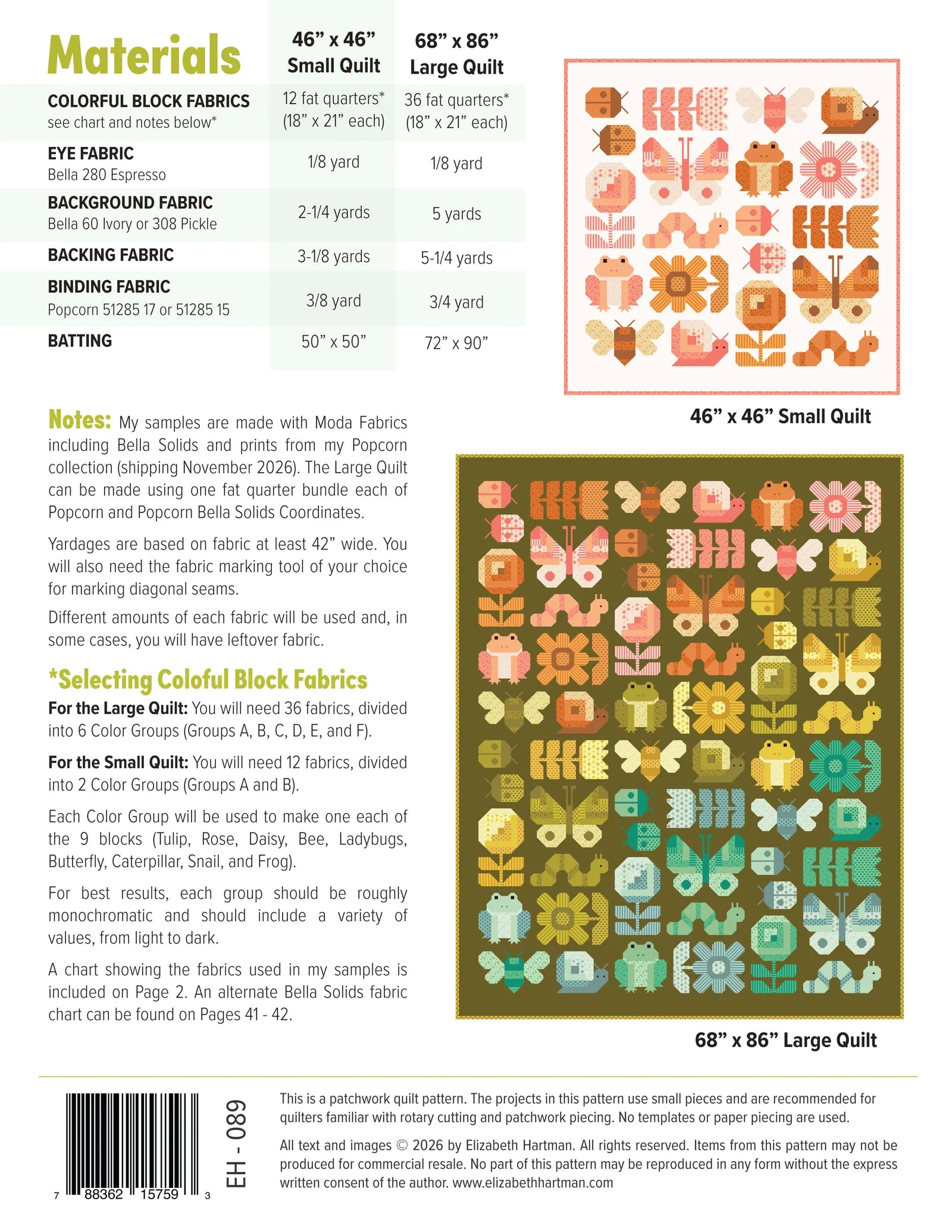 Quilt pattern with color block fabrics and material requirements on a white background