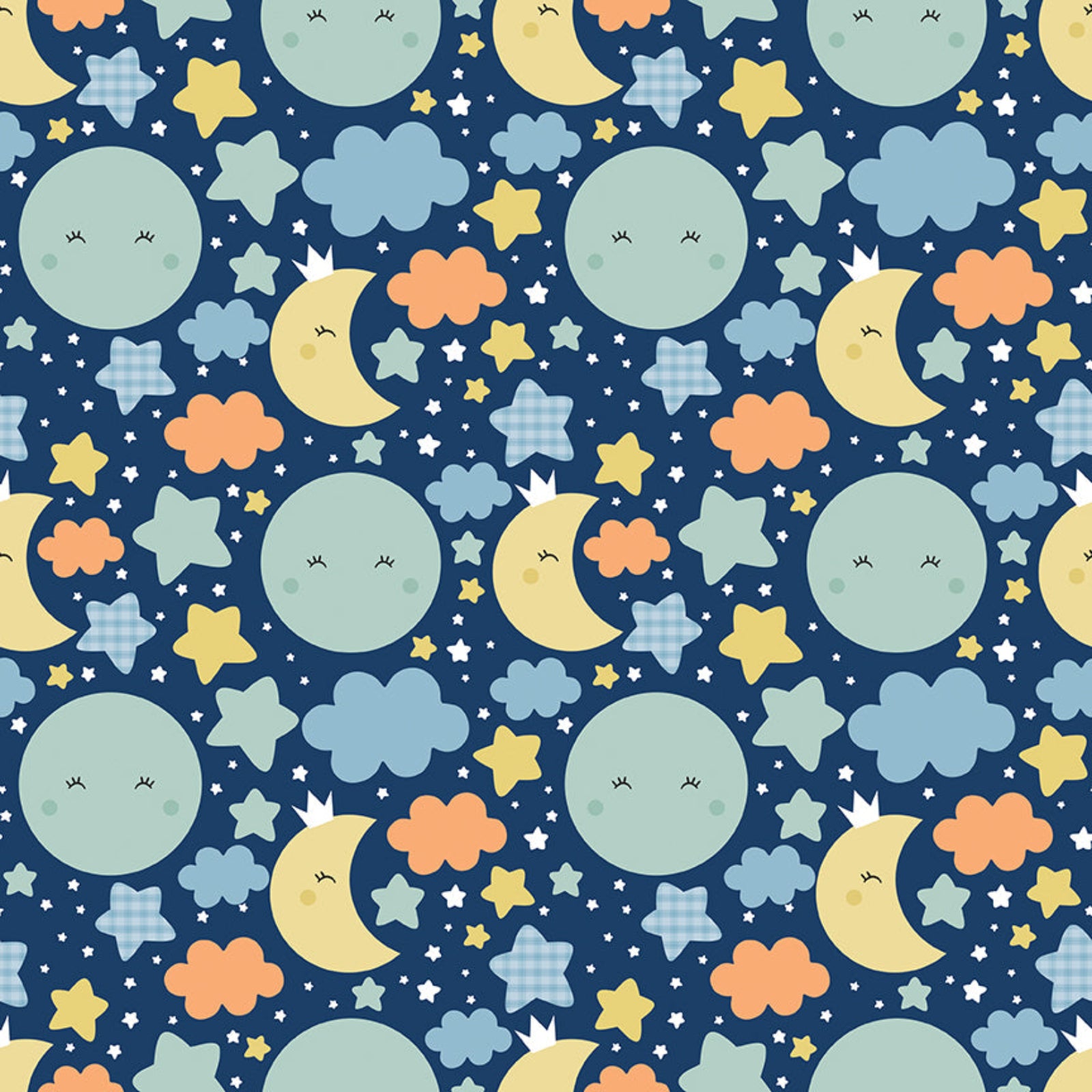 Pattern of celestial elements like moons, stars, and clouds on a blue background.