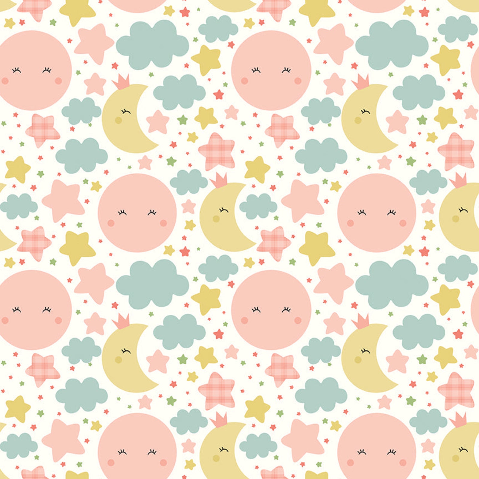 Pattern of cartoon-like faces, stars, and clouds on a white background