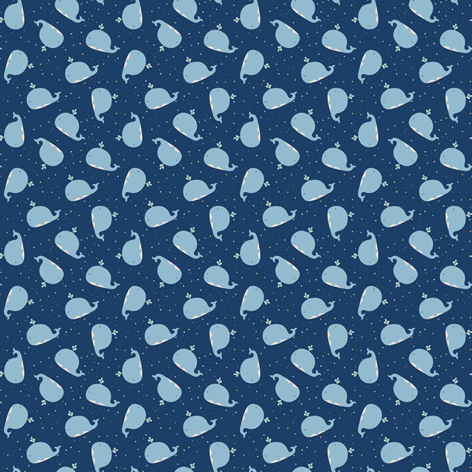 Pattern of light blue whales on a dark blue background