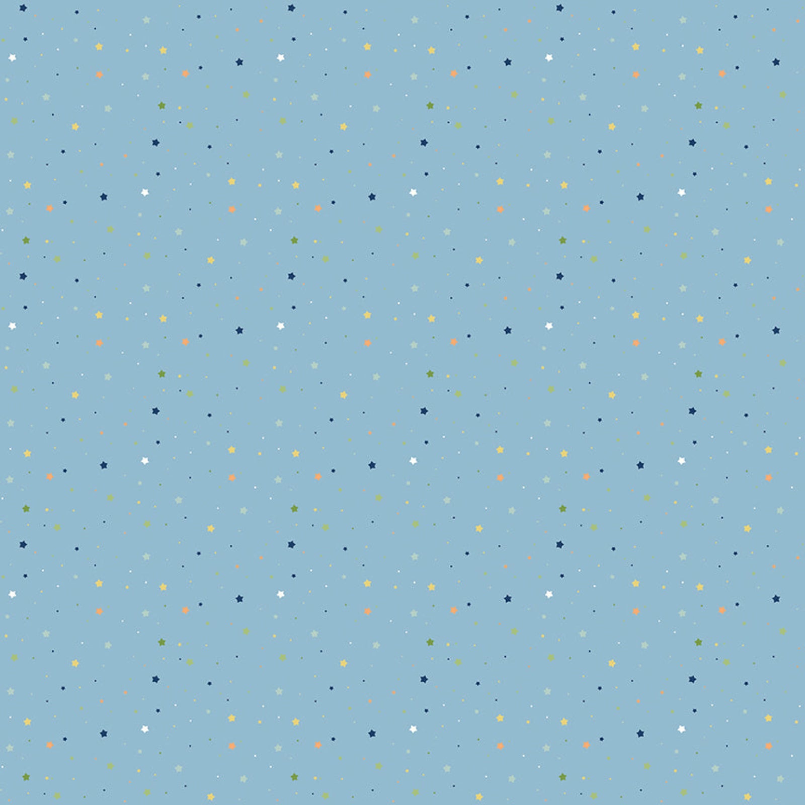 Pattern of small, multicolored dots and stars on a blue background