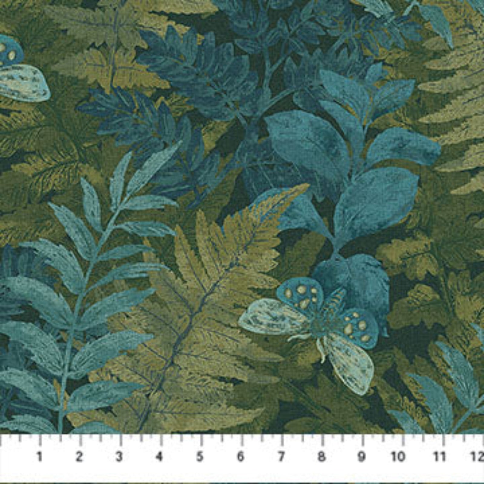 Fabric with blue and green leaf pattern