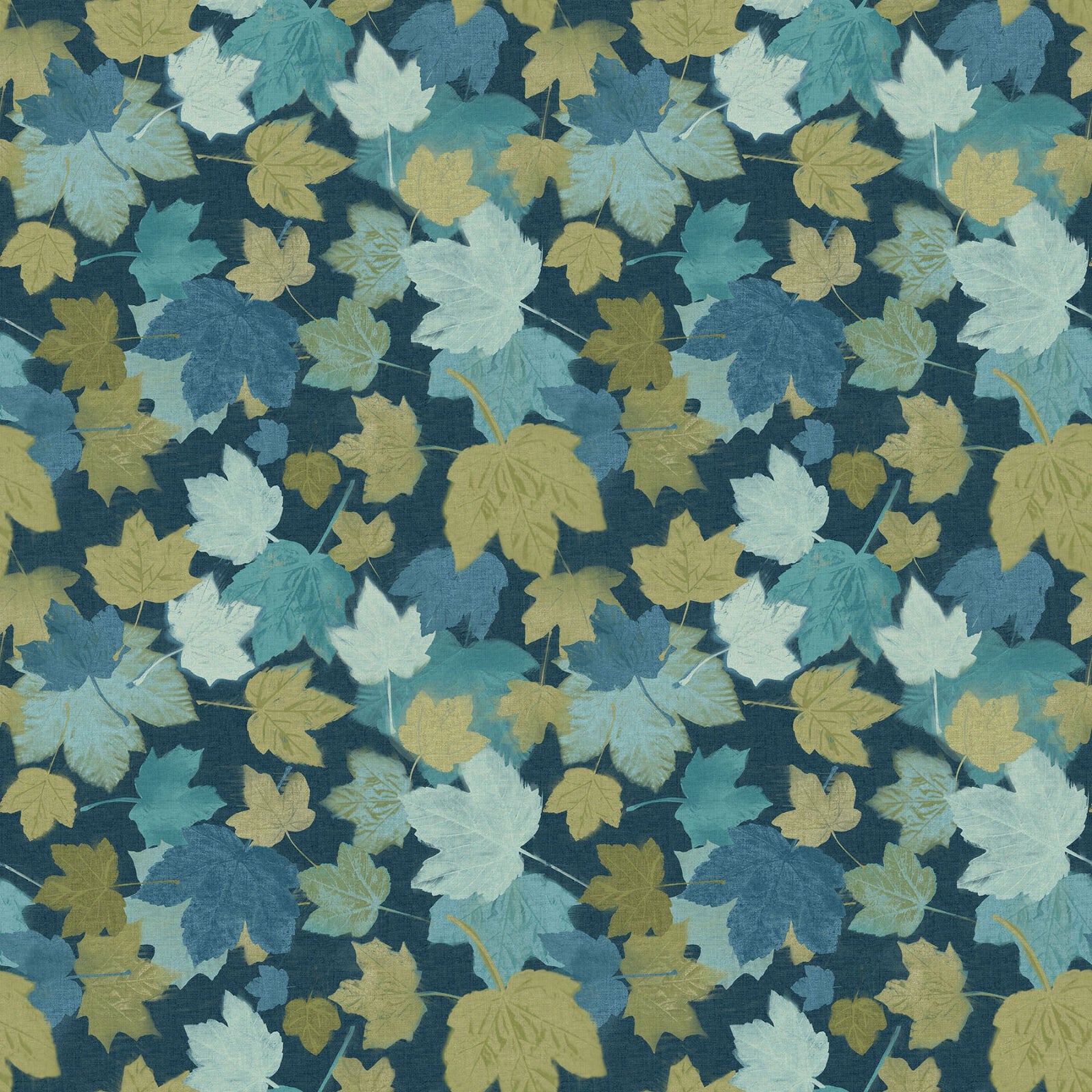 Maple leaves in various shades of teal and green on a dark teal background.