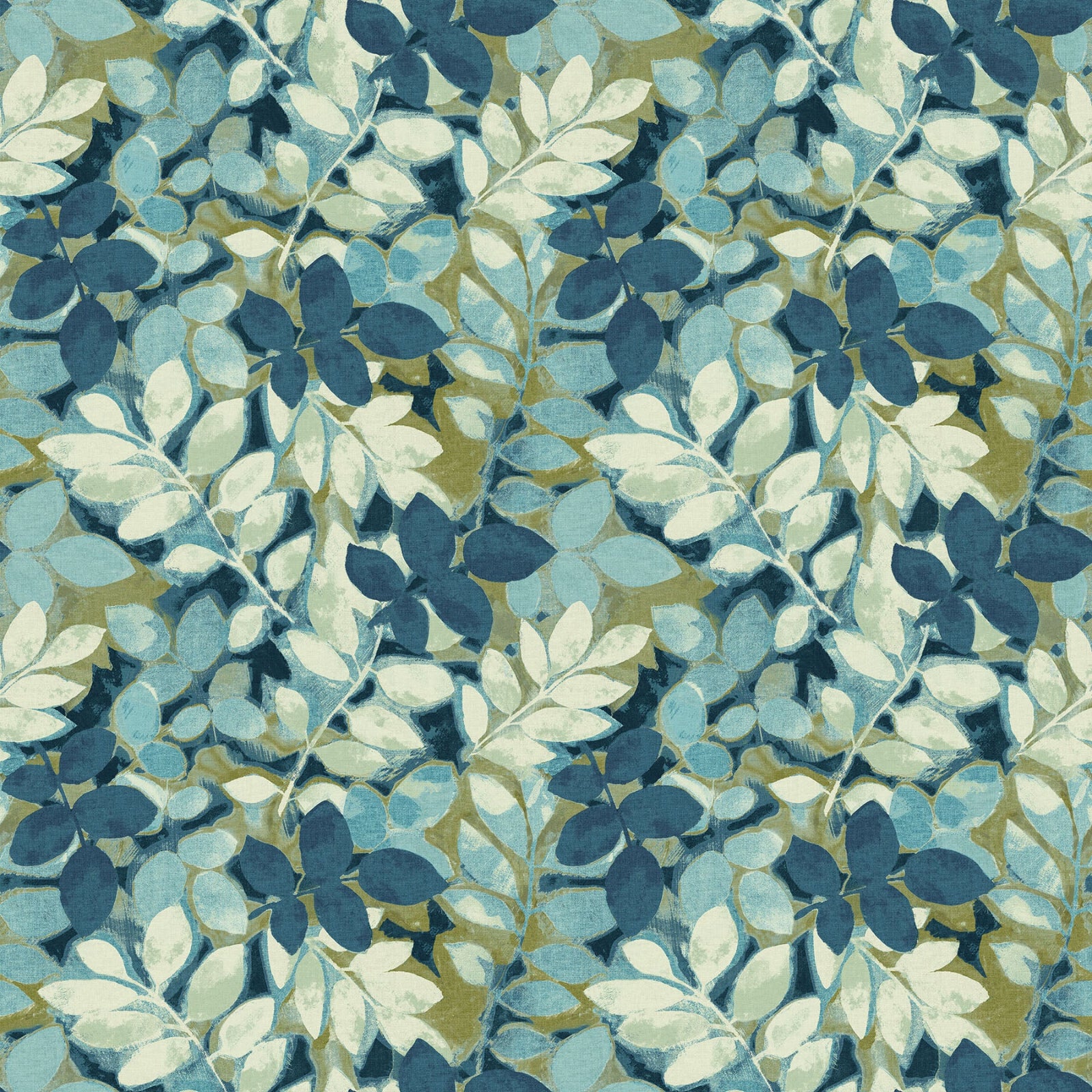 A repeating botanical pattern featuring stylized leaves in shades of blue, teal, navy, cream, and muted olive green on a light background.
