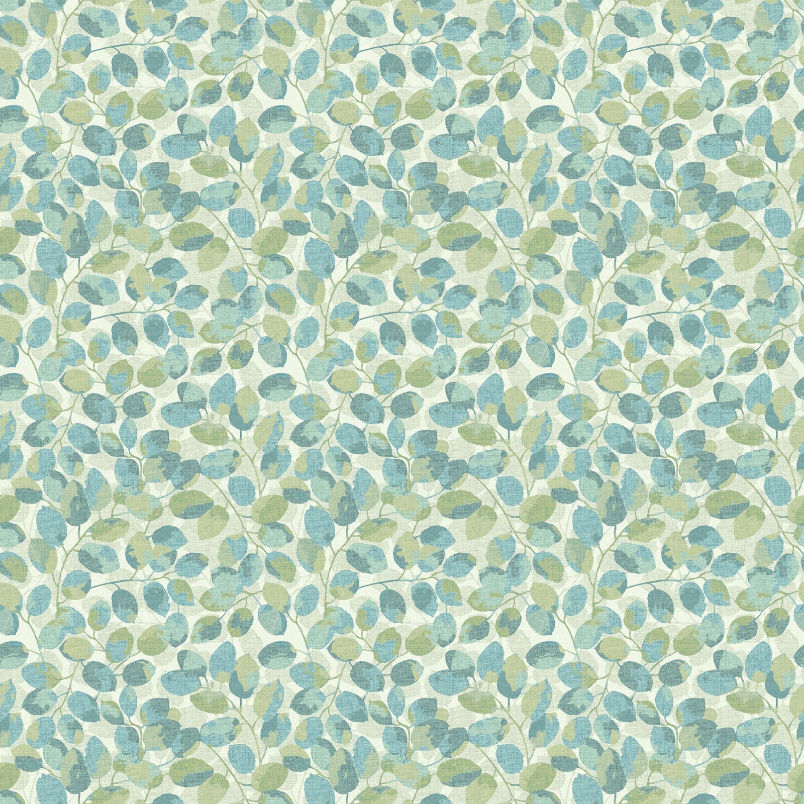 A repeating botanical pattern of small blue-green leaves and stems on a warm off-white background.