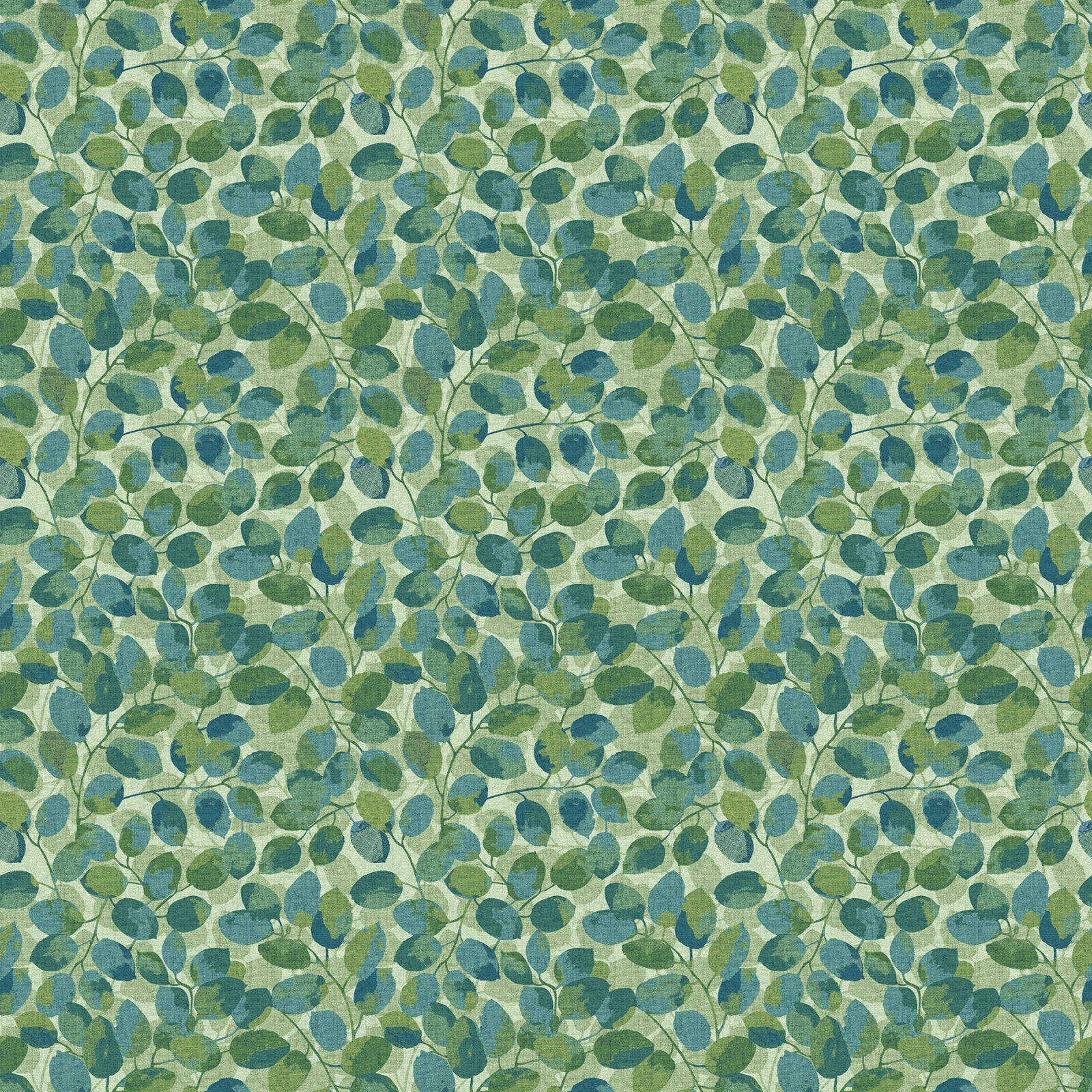 A repeating botanical pattern of small green and blue leaves on a light beige background