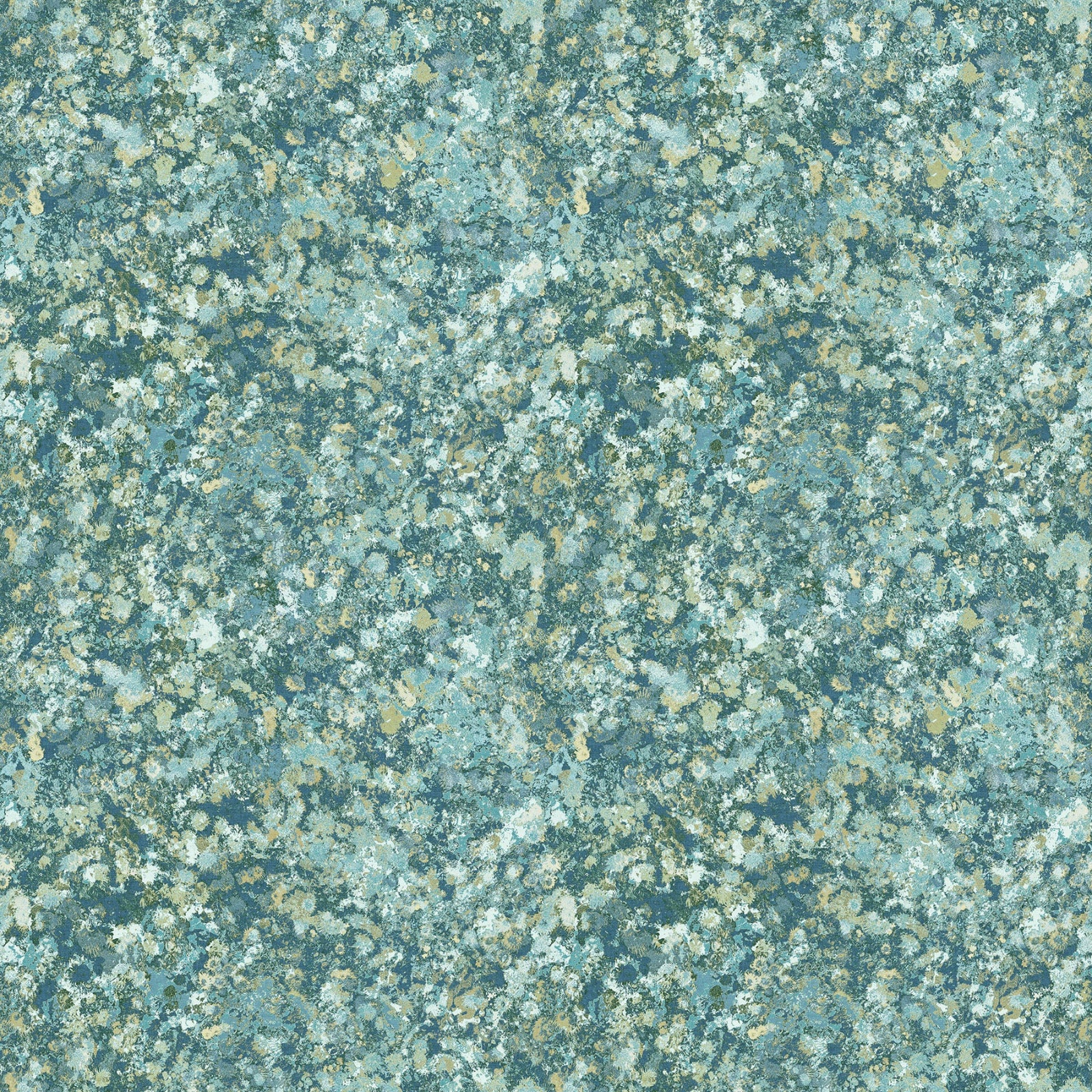 A close-up of a mottled floral fabric pattern in shades of teal, blue, sage green, and cream.